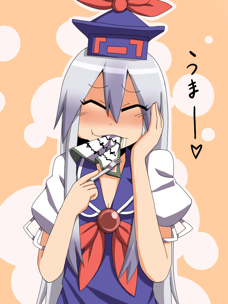 1girl :t blue_dress blue_headwear blush closed_eyes closed_mouth collared_dress commentary_request dress eating fork grey_hair hair_between_eyes hand_on_own_cheek hand_on_own_face kamishirasawa_keine kuri_dora long_bangs long_hair neckerchief orange_background outline paper puffy_short_sleeves puffy_sleeves red_neckerchief saliva short_sleeves sidelocks smile solo touhou upper_body white_outline