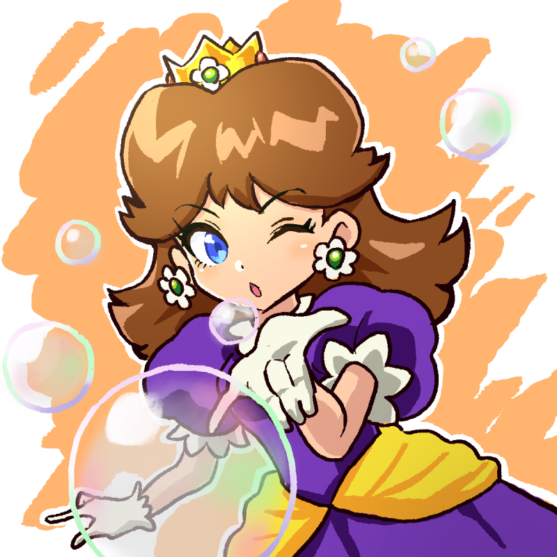 1girl alexcinders blue_eyes brown_hair bubble bubble_daisy crown dress earrings flower_earrings gloves jewelry looking_at_viewer medium_hair one_eye_closed open_mouth princess_daisy puffy_short_sleeves puffy_sleeves purple_dress short_sleeves solo standing super_mario_bros. super_mario_bros._wonder tomboy upper_body white_gloves