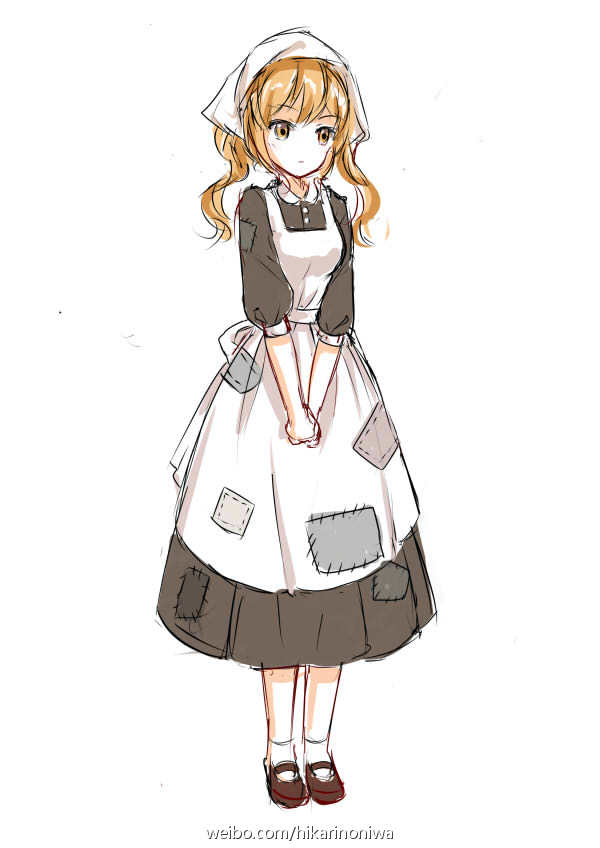 1girl alternate_costume apron blonde_hair breasts brown_dress brown_footwear closed_mouth commentary_request dress enmaided full_body girls_frontline korean_commentary long_dress long_hair maid maid_apron mary_janes medium_breasts own_hands_together patch shoes short_sleeves short_socks simple_background socks solo standing sten_mkii_(girls'_frontline) third-party_source twintails victorian_maid web_address weibo_username white_apron white_background white_socks yellow_eyes zhenming