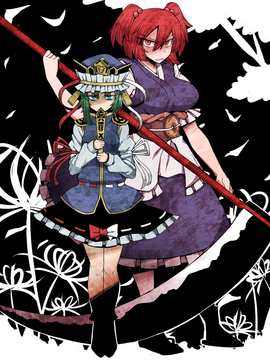 2girls asymmetrical_hair black_background black_skirt blue_eyes blue_headwear blue_kimono blue_vest bow breasts brown_sash buttons closed_mouth coin coin_on_string commentary_request epaulettes falling_petals flower frilled_hat frills full_body green_hair hair_between_eyes hair_bobbles hair_ornament hat highres holding holding_scythe holed_coin japanese_clothes kimono kuri_dora large_breasts long_bangs long_sleeves looking_at_viewer medium_bangs medium_breasts multiple_girls obi onozuka_komachi petals red_bow red_eyes red_ribbon redhead ribbon ribbon-trimmed_skirt ribbon-trimmed_vest ribbon_trim rod_of_remorse sash scythe shaded_face shiki_eiki shirt short_hair skirt sleeve_ribbon smile spider_lily standing touhou tree two-tone_background two-tone_bow two_side_up vest white_background white_bow white_ribbon white_shirt