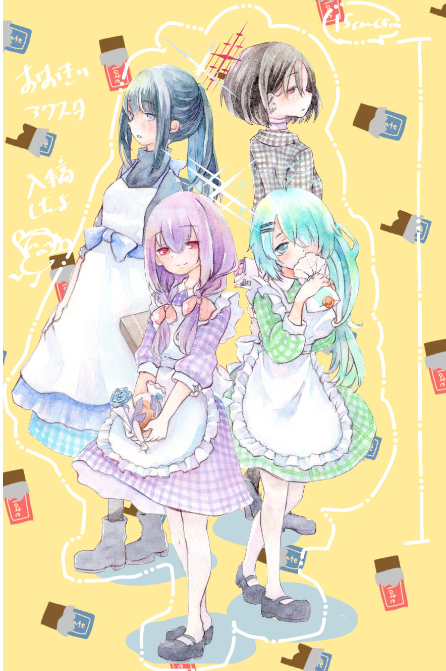 apron aqua_eyes aqua_hair atsuko_(blue_archive) bandaged_neck bandages black_footwear black_shirt blue_archive blue_flower blue_rose braid brown_hair chocolate cookie dress earrings flower food green_dress hair_ornament hairclip halo highres hiyori_(blue_archive) jewelry long_hair low_twin_braids mary_janes misaki_(blue_archive) pantyhose plaid plaid_dress purple_dress purple_hair red_eyes rose saori_(blue_archive) shio_(tsumiki_asobi) shirt shoes side_ponytail twin_braids white_pantyhose yellow_background