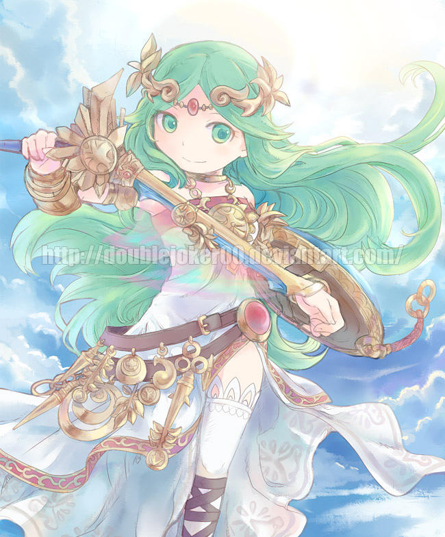 1girl blue_sky chain clouds diadem feet_out_of_frame forehead_jewel gold_chain green_eyes green_hair holding holding_sword holding_weapon kid_icarus kid_icarus_uprising long_hair palutena saya_(lelulinna) shield sky smile solo sword thigh-highs vambraces watermark weapon