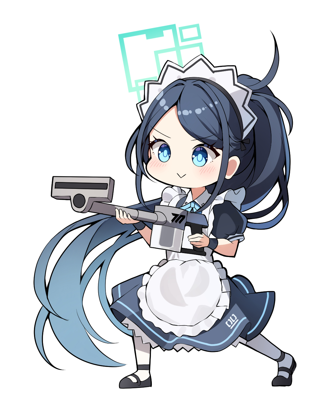 1girl :&gt; absurdly_long_hair apron aris_(blue_archive) aris_(maid)_(blue_archive) black_dress black_footwear black_hair blue_archive blue_eyes blush closed_mouth dress frilled_apron frills full_body green_halo halo highres holding long_hair maid maid_apron maid_headdress pantyhose shoes simple_background smile sob_(submar1089) solo vacuum_cleaner very_long_hair white_apron white_background white_pantyhose