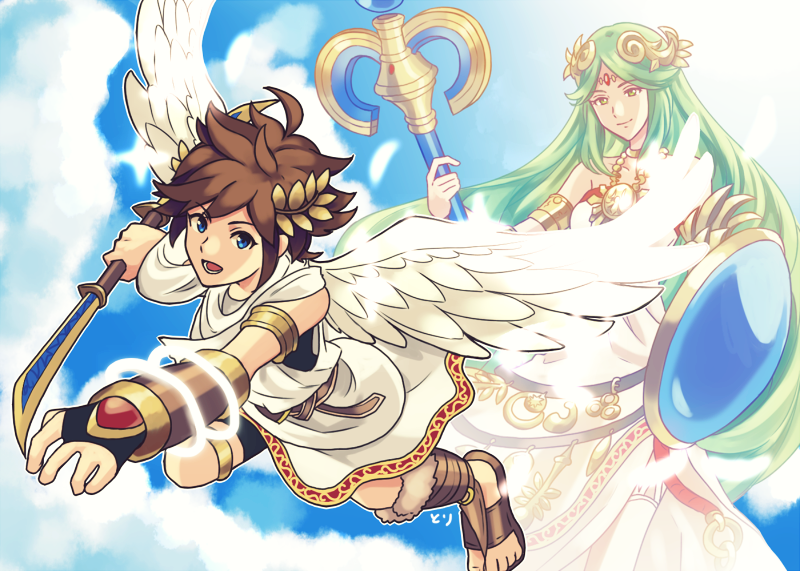1boy 1girl ahoge angel angel_wings armlet blue_eyes blue_sky bow_(weapon) brown_hair chain clouds diadem forehead_jewel gold_chain green_hair grey_hair hallo-byby holding holding_bow_(weapon) holding_staff holding_weapon kid_icarus kid_icarus_uprising laurel_crown long_hair looking_at_viewer mixed-language_commentary open_mouth palutena pit_(kid_icarus) scarf shield sky smile sparkle staff vambraces very_long_hair weapon wings