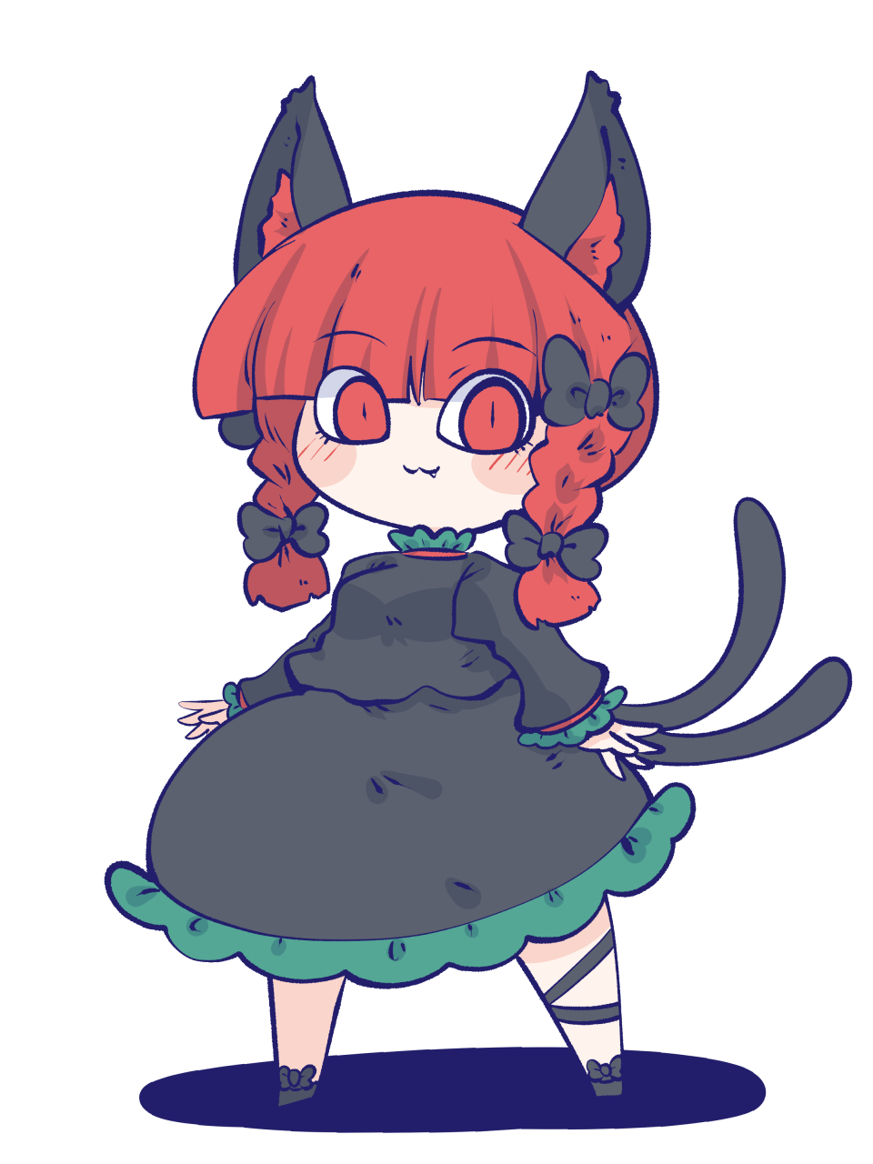 1girl :3 animal_ears ankle_ribbon black_bow black_footwear black_ribbon black_shirt black_skirt blunt_bangs blush bow cat_ears cat_girl cat_tail chahan_(fried_rice0614) chibi collar commentary fang footwear_bow frilled_collar frilled_skirt frills full_body hair_bow highres kaenbyou_rin leg_ribbon long_sleeves looking_at_viewer multiple_tails neck_ribbon puffy_sleeves red_eyes red_ribbon redhead ribbon ribbon-trimmed_sleeves ribbon_trim shadow shirt short_hair simple_background skirt skirt_set solo spread_fingers standing tail touhou twintails two_tails white_background