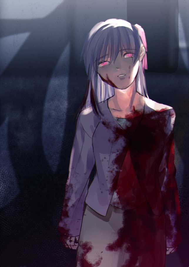 1girl blood blood_in_hair blood_on_clothes blood_on_face blood_on_hands cowboy_shot expressionless fate/stay_night fate_(series) glowing glowing_eyes grey_skirt hair_ribbon heaven's_feel jacket long_hair matou_sakura momoka_(abc_momoka0718) parted_lips pink_eyes purple_hair purple_jacket ribbon shadow skirt solo