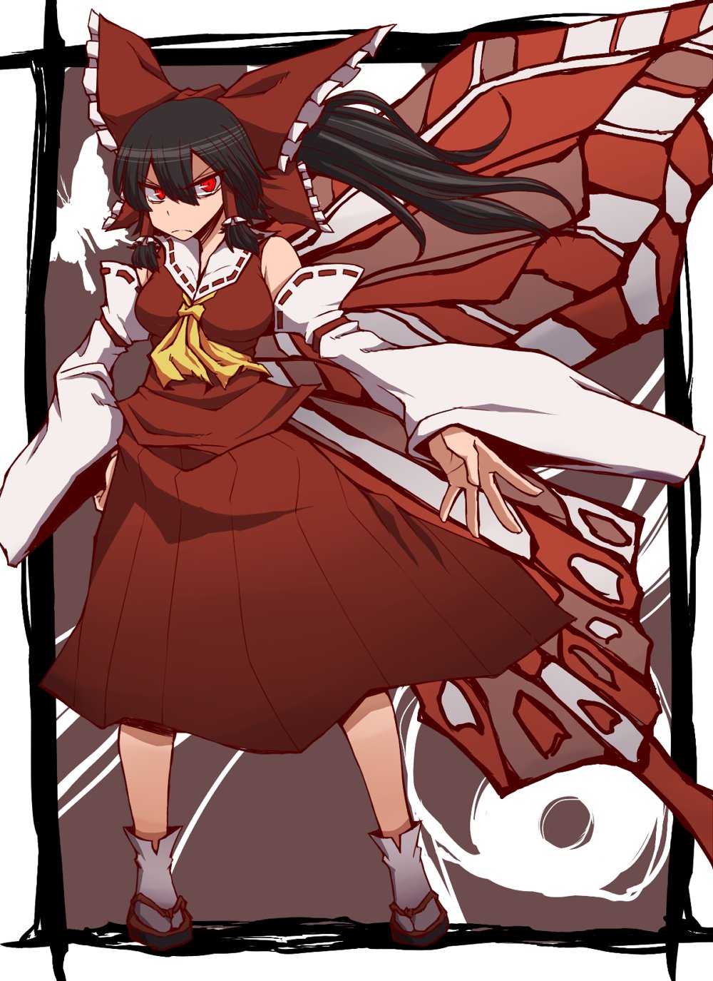 1girl ascot black_hair bow breasts butterfly_wings closed_mouth collared_shirt commentary_request detached_sleeves frilled_bow frilled_hair_tubes frills frown full_body hair_between_eyes hair_bow hair_tubes hakama hakama_skirt hakurei_reimu highres japanese_clothes kuri_dora long_bangs long_hair looking_at_viewer medium_breasts orb red_bow red_eyes red_shirt red_skirt red_wings ribbon-trimmed_collar ribbon-trimmed_sleeves ribbon_trim shirt sidelocks skirt skirt_set sleeveless sleeveless_shirt socks solo split_mouth standing tabi touhou v-shaped_eyebrows white_sleeves white_socks wide_sleeves wings yellow_ascot yin_yang yin_yang_orb zouri