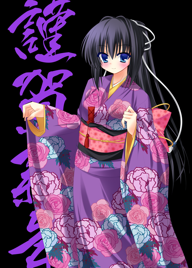 1girl alternate_costume back_bow black_background blue_eyes blush bow closed_mouth commentary eyes_visible_through_hair feet_out_of_frame floral_print hair_between_eyes hair_intakes hair_ribbon hands_up japanese_clothes kimono konohana_lucia long_hair long_ribbon long_sleeves looking_at_viewer nakada_rumi pink_bow pink_sash ponytail purple_kimono rewrite ribbon sash simple_background smile solo standing straight_hair very_long_hair white_ribbon wide_sleeves
