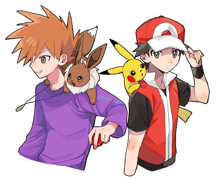 2boys blue_oak brown_eyes brown_hair closed_mouth commentary_request eevee hand_on_headwear hat holding holding_poke_ball jewelry long_sleeves male_focus momotose_(hzuu_xh4) multiple_boys necklace on_shoulder pikachu poke_ball poke_ball_(basic) pokemon pokemon_(creature) pokemon_(game) pokemon_frlg pokemon_on_shoulder purple_shirt red_(pokemon) red_headwear shirt short_hair short_sleeves spiky_hair upper_body white_background wristband