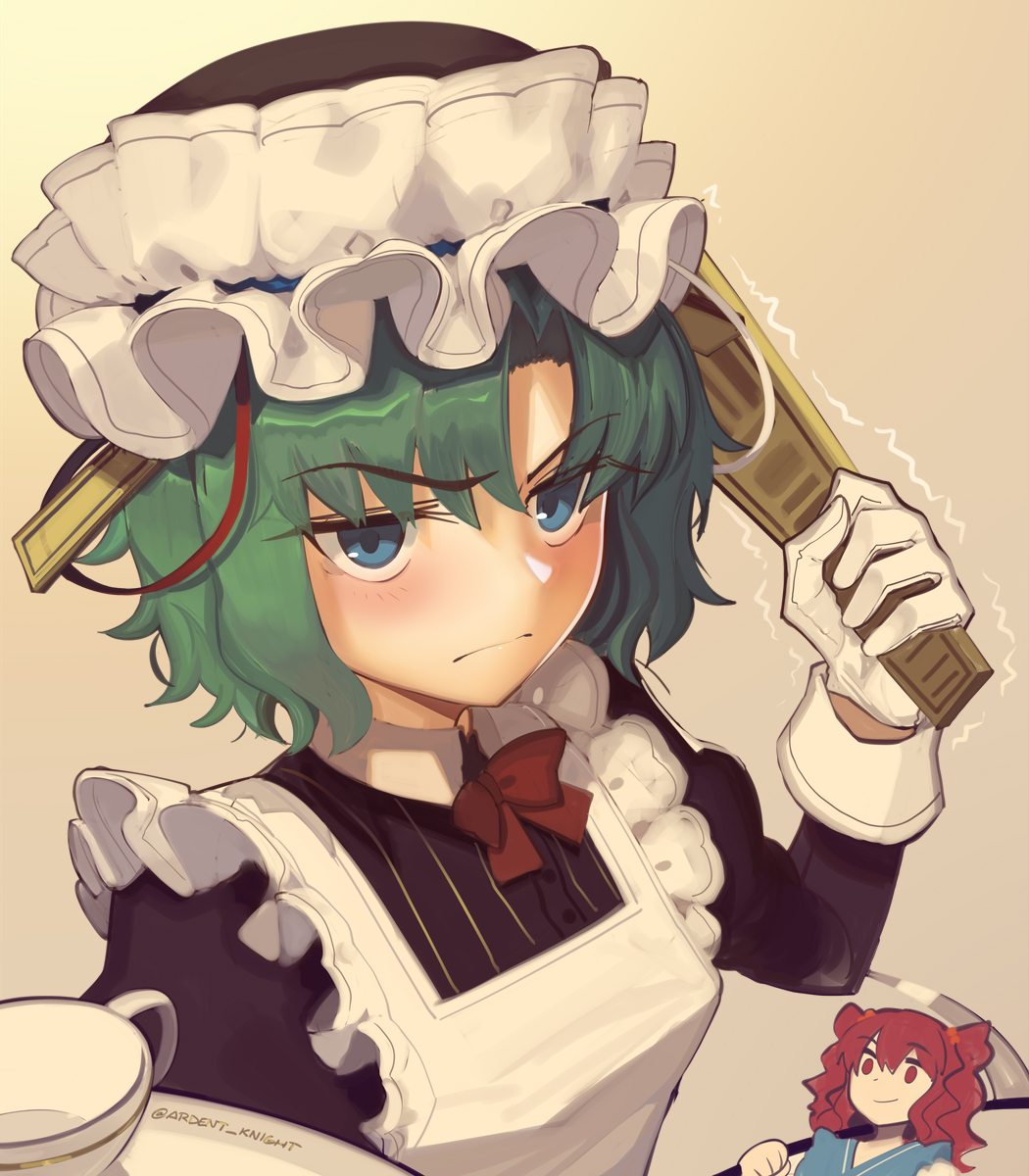 2girls alternate_costume apron black_headwear blue_eyes boa_(brianoa) closed_mouth cup enmaided frilled_hat frills gloves green_hair hair_bobbles hair_ornament hat highres holding holding_scythe long_sleeves maid maid_apron medium_hair multiple_girls onozuka_komachi red_eyes redhead rod_of_remorse scythe shiki_eiki touhou twitter_username two_side_up white_apron white_gloves
