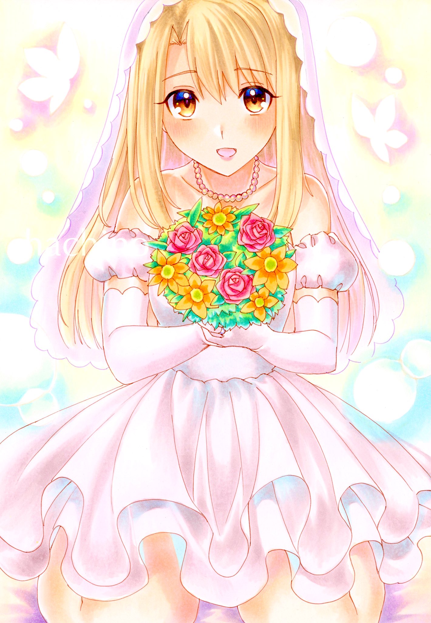 1girl bare_shoulders blush bouquet bridal_veil bride brown_eyes dress elbow_gloves fate/stay_night fate_(series) gloves grey_hair hachi78b highres holding holding_bouquet illyasviel_von_einzbern jewelry long_hair looking_at_viewer marker_(medium) necklace open_mouth pearl_necklace seiza sitting smile solo traditional_media veil wedding_dress white_dress white_gloves