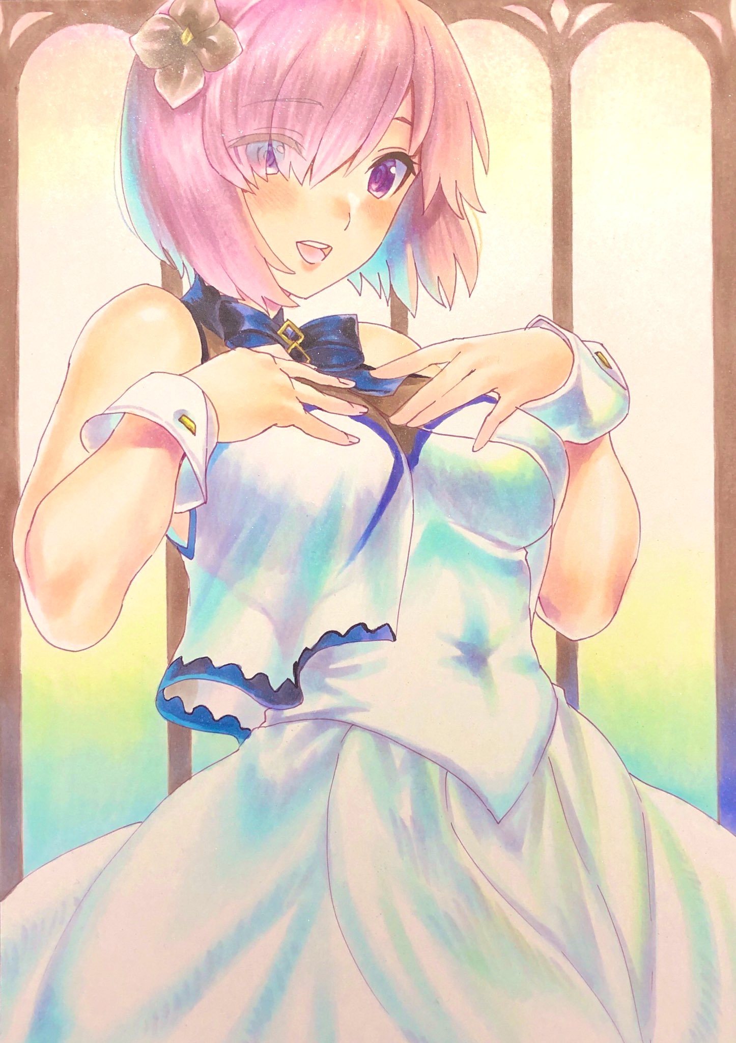 1girl bare_shoulders blush bow bowtie breasts commentary_request dress fate/grand_order fate_(series) flower hachi78b hair_flower hair_ornament hands_on_own_chest highres looking_at_viewer marker_(medium) mash_kyrielight mash_kyrielight_(under_the_same_sky) medium_breasts open_mouth purple_hair short_hair smile solo traditional_media upper_body violet_eyes white_dress wrist_cuffs
