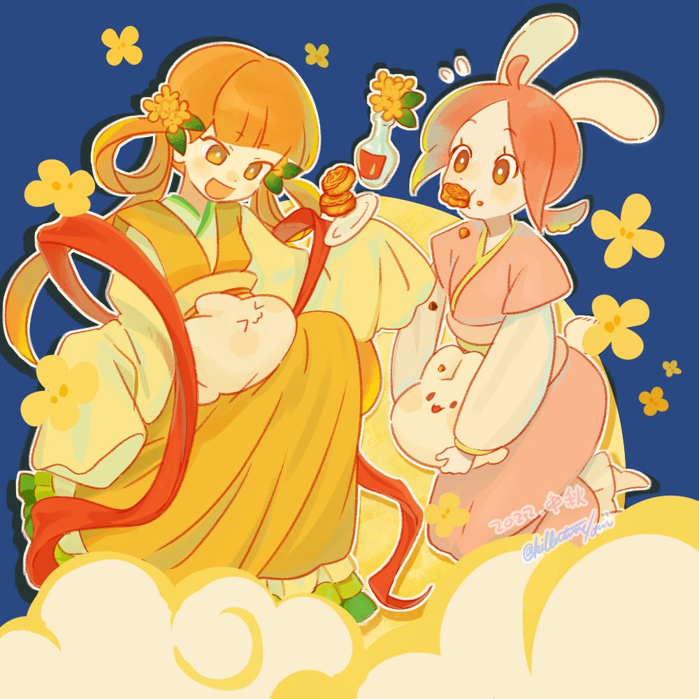2022 2girls animal animal_ears blue_background brown_eyes clouds cookie dress flower food food_in_mouth hair_flower hair_ornament hair_rings holding holding_animal japanese_clothes killatsune kimono_dress long_hair long_sleeves low_twintails medium_hair multiple_girls open_mouth original pink_dress plate rabbit rabbit_ears red_ribbon ribbon sleeves_past_fingers sleeves_past_wrists smile twintails vase yellow_dress yellow_flower