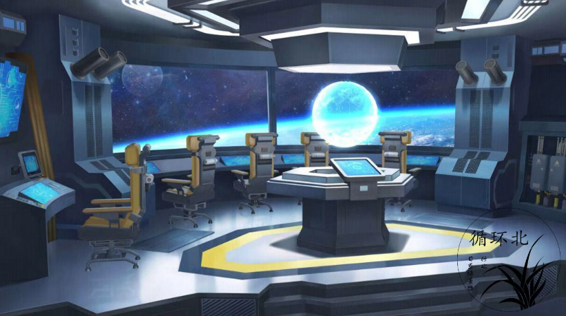 artist_logo cable ceiling_light chair earth_(planet) hologram indoors monitor moon no_humans original planet scenery science_fiction window xingzhi_lv