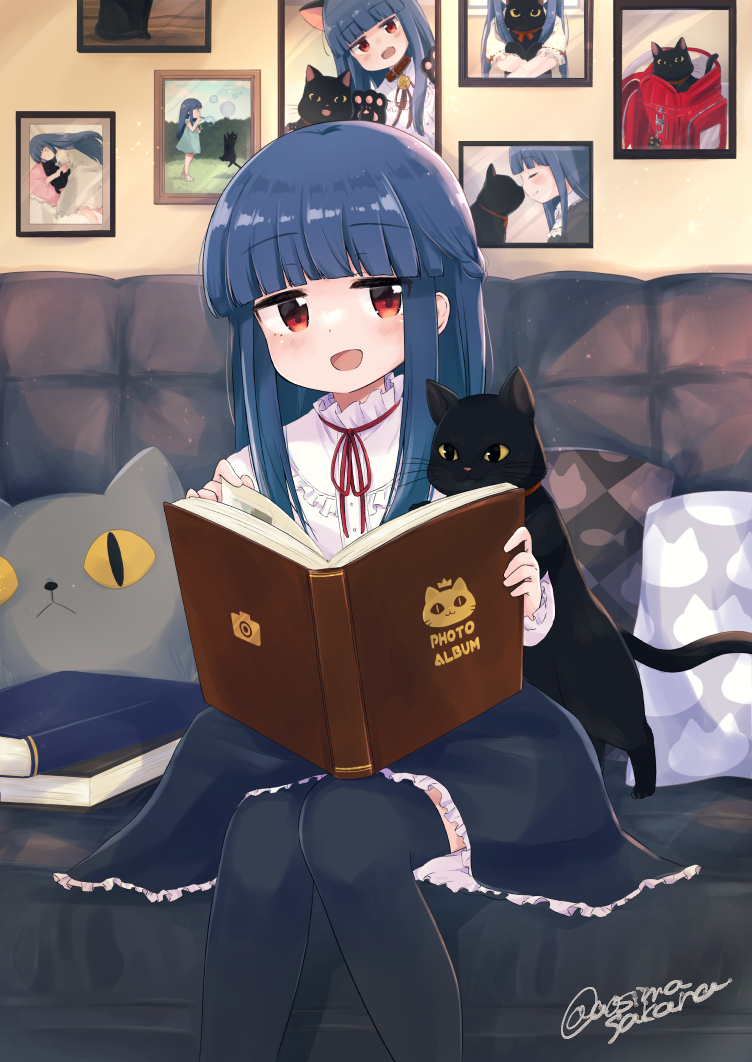 1girl animal aoshima_sakana backpack bag black_cat black_thighhighs blue_hair blunt_bangs blush book bubble cat closed_eyes commission couch dress holding holding_book idolmaster idolmaster_cinderella_girls indoors long_hair open_book open_mouth photo_album picture_frame pillow red_eyes sajo_yukimi sitting skeb_commission thigh-highs twitter_username