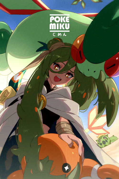 1girl bandaged_arm bandages biting biting_hair black_pants black_shirt blue_sky brown_eyes cacnea cape commentary_request cropped_shirt double_bun echo_(circa) flygon from_below green_hair ground_miku_(project_voltage) hair_between_eyes hair_bun hair_in_another's_mouth hatsune_miku headpat long_hair midriff open_mouth outdoors pants pokemon pokemon_(creature) project_voltage sand shirt sky teeth trapinch twintails upper_teeth_only very_long_hair vocaloid white_cape