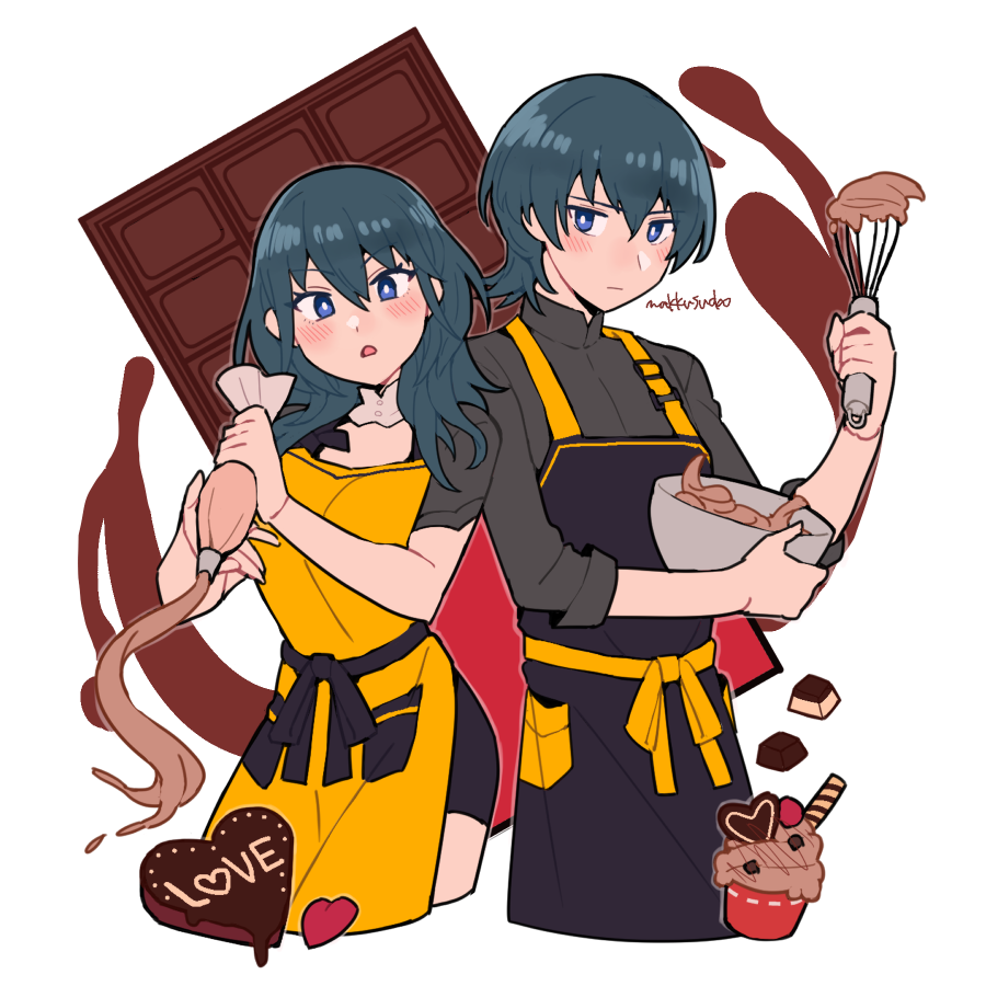 1boy 1girl alternate_costume apron artist_name black_hair blue_eyes bowl breasts byleth_(female)_(fire_emblem) byleth_(fire_emblem) byleth_(male)_(fire_emblem) candy chocolate do_m_kaeru fire_emblem fire_emblem:_three_houses food heart heart-shaped_chocolate looking_back medium_breasts parted_lips pastry_bag short_hair whisk white_background