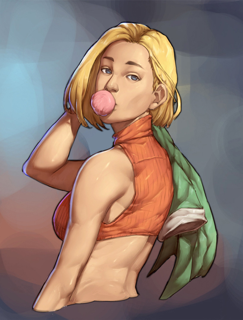 1girl blonde_hair blue_eyes blue_mary breasts bubble chewing chewing_gum crop_top english_commentary fatal_fury fatal_fury_3 jacket jacket_on_shoulders looking_at_viewer mick_cortes portrait the_king_of_fighters toned turning_head upper_body