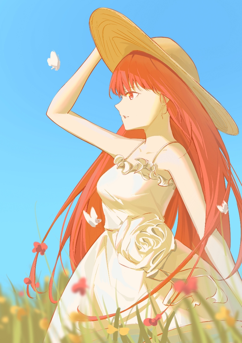 1girl adjusting_clothes adjusting_headwear alternate_costume arm_up bare_arms bare_shoulders blue_sky bug butterfly chinese_commentary clear_sky collarbone commentary dress flower from_side grass hat long_hair looking_ahead nature off-shoulder_dress off_shoulder outdoors profile punishing:_gray_raven red_eyes redhead sky solo straw_hat tall_grass upper_body vera_(punishing:_gray_raven) very_long_hair white_dress yume_3327