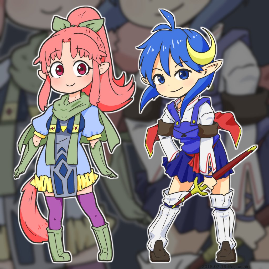 2girls ahoge blue_eyes blue_hair blue_skirt bow brown_footwear cape chibi closed_mouth crescent crescent_hair_ornament dress full_body gloves green_gloves hair_between_eyes hair_bow hair_ornament holding holding_sword holding_weapon loafers long_hair long_sleeves looking_at_viewer loose_socks millie_chliette multiple_girls nijibashiri pink_eyes pink_hair pink_thighhighs pointy_ears ponytail red_cape rena_lanford shirt shoes short_hair signature skirt smile socks standing star_ocean star_ocean_first_departure star_ocean_the_second_story sword tail thigh-highs turtleneck weapon white_shirt white_thighhighs