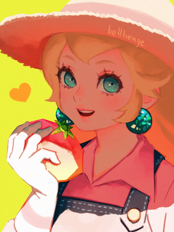 1girl artist_name bellhenge blonde_hair blue_eyes blue_overalls buttons collared_shirt commentary earrings english_commentary food fruit gloves hat heart holding holding_food holding_fruit jewelry light_blush lipstick long_eyelashes long_hair long_sleeves makeup mascara official_art open_mouth overalls pink_lips pink_shirt princess_peach shirt smile solo sphere_earrings sun_hat sunlight super_mario_bros. super_mario_odyssey tomato upper_body white_gloves yellow_background yellow_headwear