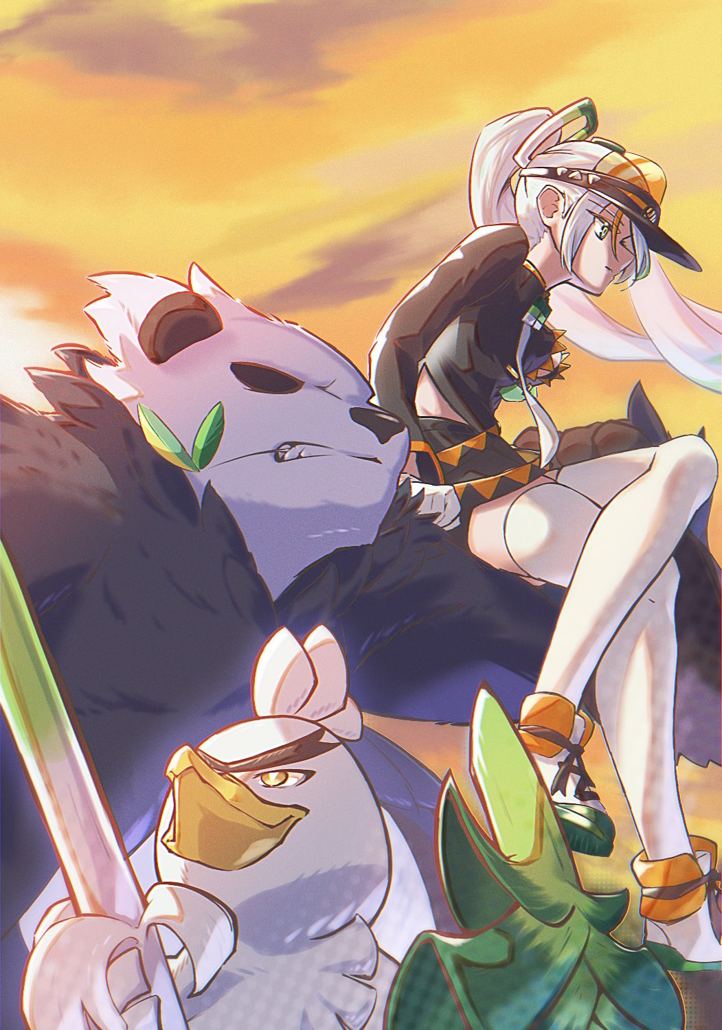 1girl black_coat coat fighting_miku_(project_voltage) gloves hatsune_miku highres long_hair long_sleeves mouth_hold necktie on_shoulder orange_sky orange_trim pangoro pokemon pokemon_(creature) project_voltage shoes side_slit sirfetch'd sky sneakers spring_onion stalk_in_mouth thigh-highs twintails very_long_hair visor_cap vocaloid white_gloves white_hair white_thighhighs zelacademia22