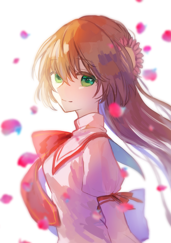 1girl backlighting blurry brown_hair chogi closed_mouth commentary depth_of_field dress falling_petals floating_hair flower from_side green_eyes hair_down hair_flower hair_ornament juliet_sleeves kanbe_kotori kazamatsuri_institute_high_school_uniform light_blush long_hair long_sleeves looking_at_viewer neck_ribbon nose one-hour_drawing_challenge petals pink_dress pink_flower puffy_sleeves red_ribbon rewrite ribbon school_uniform simple_background smile solo upper_body very_long_hair white_background