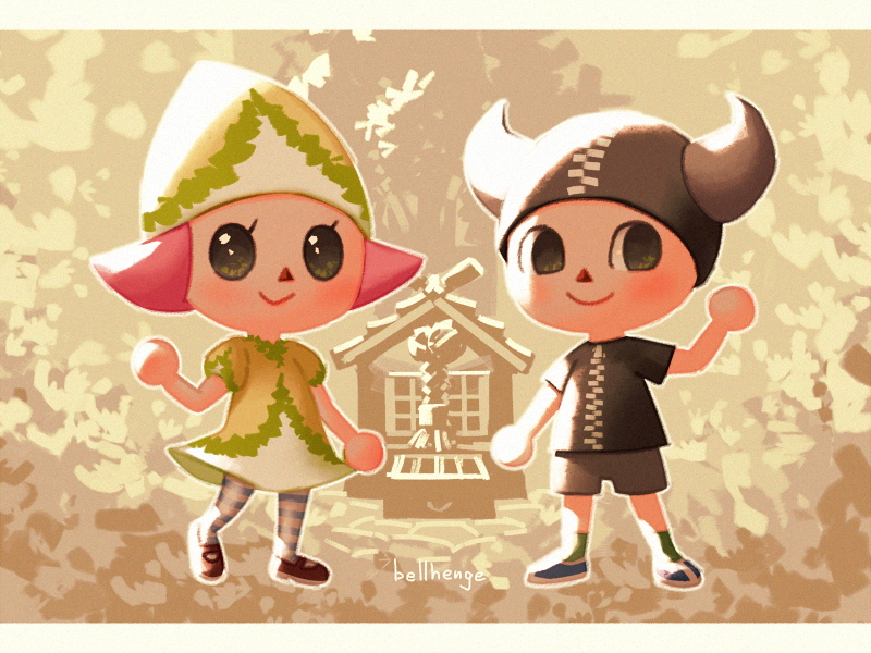 1boy 1girl :&gt; animal_crossing anniversary artist_name bellhenge black_eyes black_footwear black_headwear black_shirt black_shorts blue_footwear blue_thighhighs brown_background closed_mouth commentary dress english_commentary eyelashes fake_horns full_body green_dress green_headwear green_socks grey_horns hand_up hat horned_headwear horns house kneehighs large_horns light_blush looking_at_viewer mary_janes pink_hair pointy_hat puffy_short_sleeves puffy_sleeves shirt shoes short_dress short_hair short_sleeves shorts smile sneakers socks solid_circle_eyes striped striped_thighhighs t-shirt thigh-highs two-tone_thighhighs villager_(animal_crossing) waving white_thighhighs zipper zipper_pull_tab