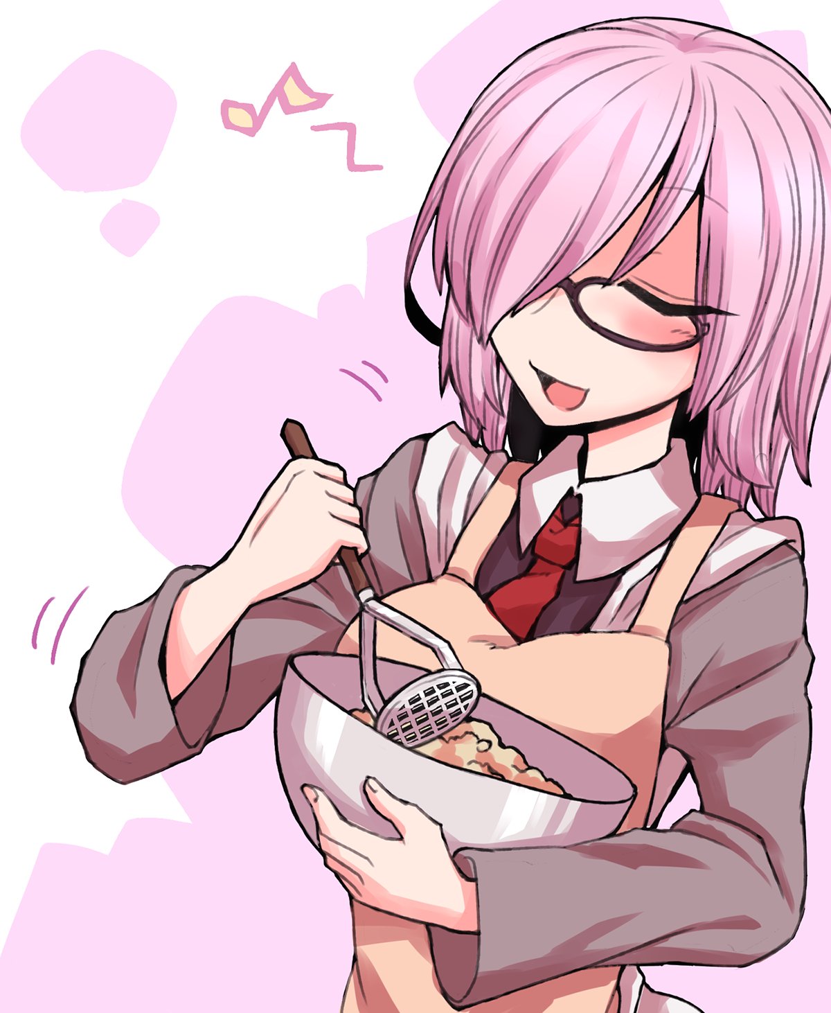 1girl apron blush bowl brown-framed_eyewear brown_apron closed_eyes commentary_request fate/grand_order fate_(series) glasses grey_shirt hair_between_eyes hair_over_one_eye highres holding holding_bowl kuri_dora long_bangs long_sleeves mash_kyrielight mashed_potatoes musical_note necktie open_mouth pink_background potato_masher_(cooking) red_necktie shirt short_hair simple_background smile solo two-tone_background upper_body violet_eyes white_background