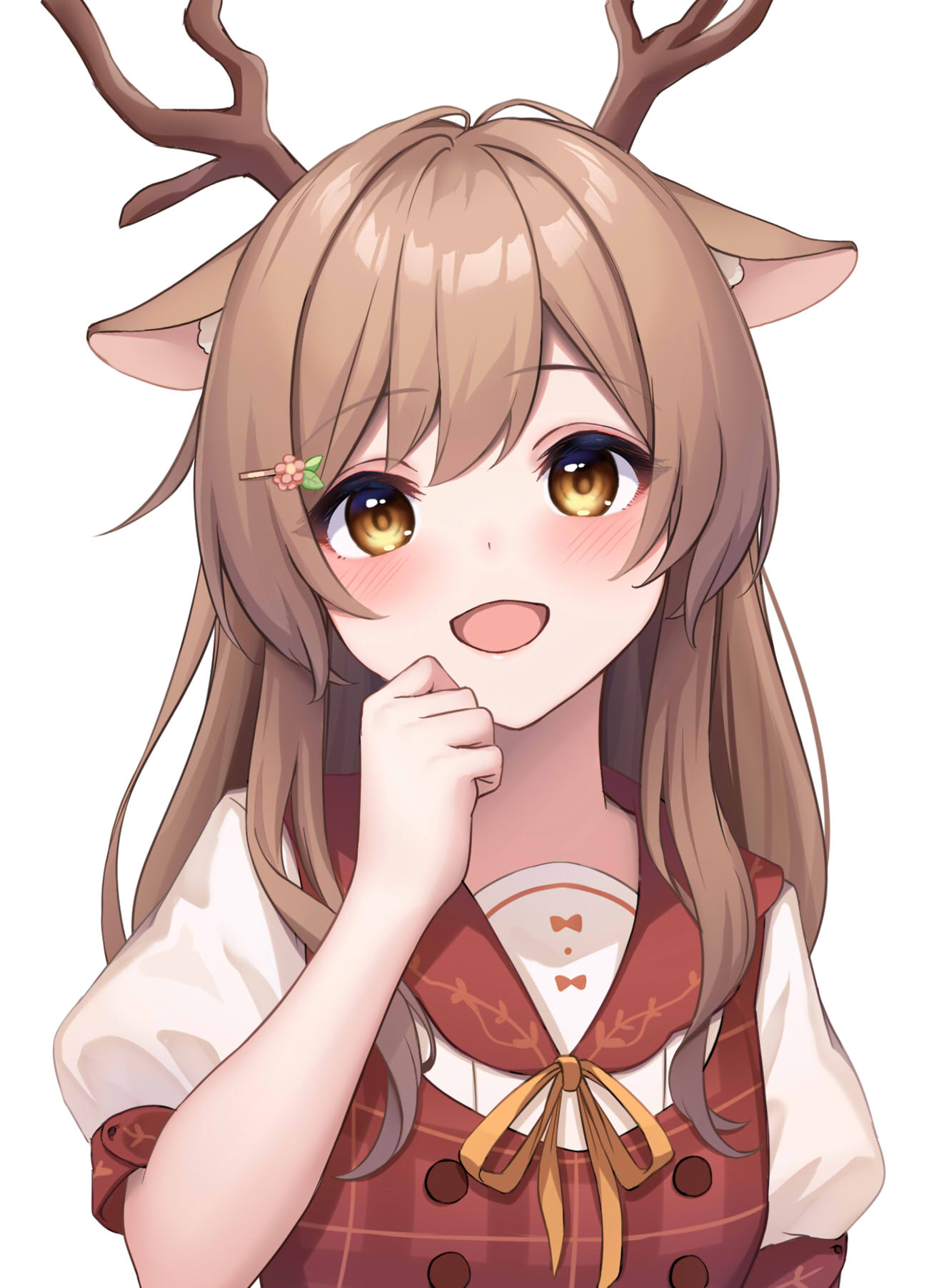 1girl :d animal_ear_fluff animal_ears antlers blush brown_dress brown_eyes brown_hair brown_ribbon brown_sailor_collar commentary_request copyright_request deer_antlers deer_ears deer_girl dress flower hair_flower hair_ornament hairclip hand_up highres looking_at_viewer neck_ribbon pink_flower puffy_short_sleeves puffy_sleeves ribbon sailor_collar shirt short_sleeves simple_background sleeveless sleeveless_dress smile solo upper_body virtual_youtuber white_background white_shirt ym_(distance819)