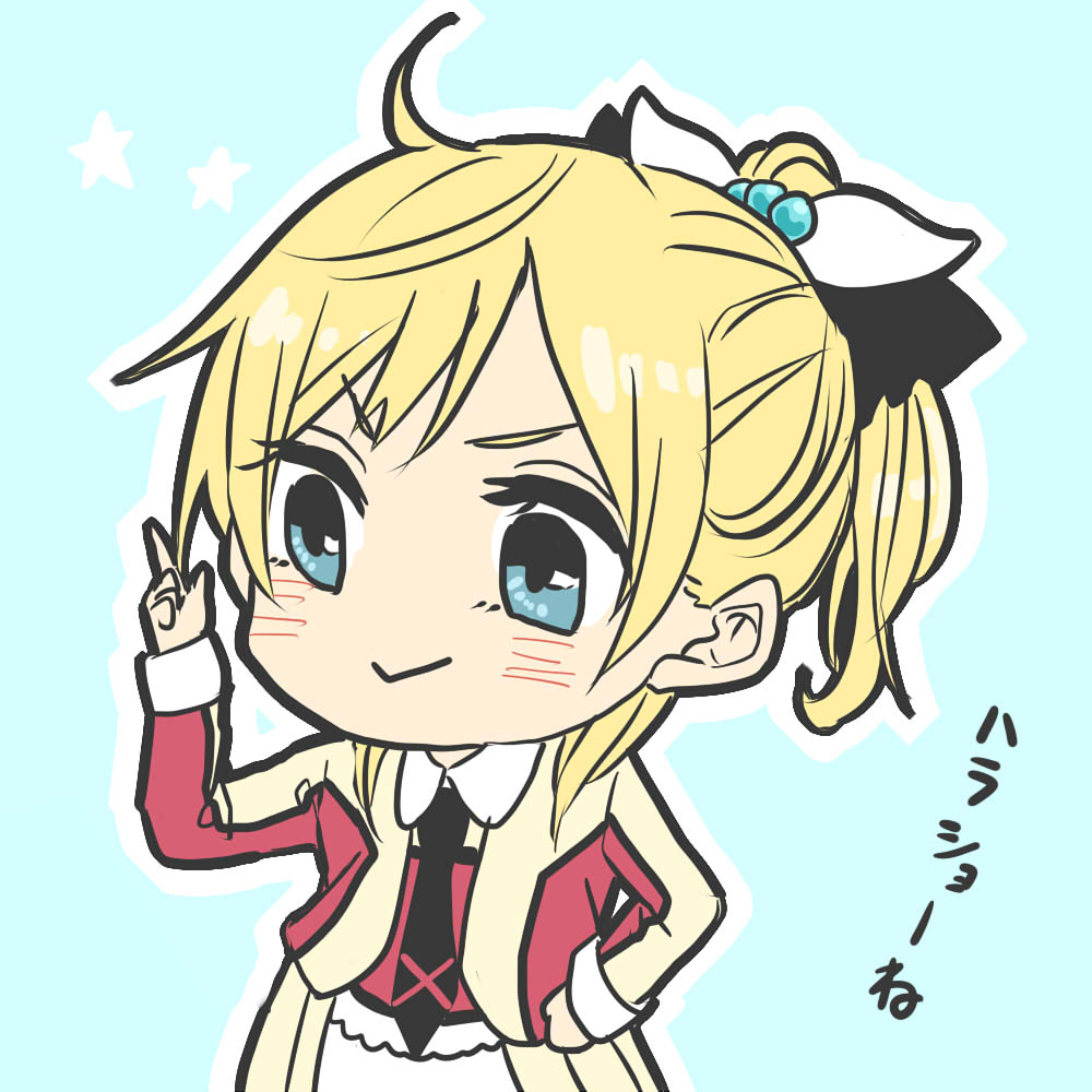1girl ahoge ayase_eli black_bow black_necktie blonde_hair blue_background blue_eyes blush bow chibi closed_mouth collared_shirt commentary_request cowboy_shot hair_bow hand_on_own_hip idol idol_clothes index_finger_raised jacket kashikaze long_sleeves love_live! love_live!_school_idol_project medium_hair multicolored_clothes multicolored_jacket necktie outline ponytail red_jacket shirt smile solo translation_request two-tone_jacket white_outline white_shirt