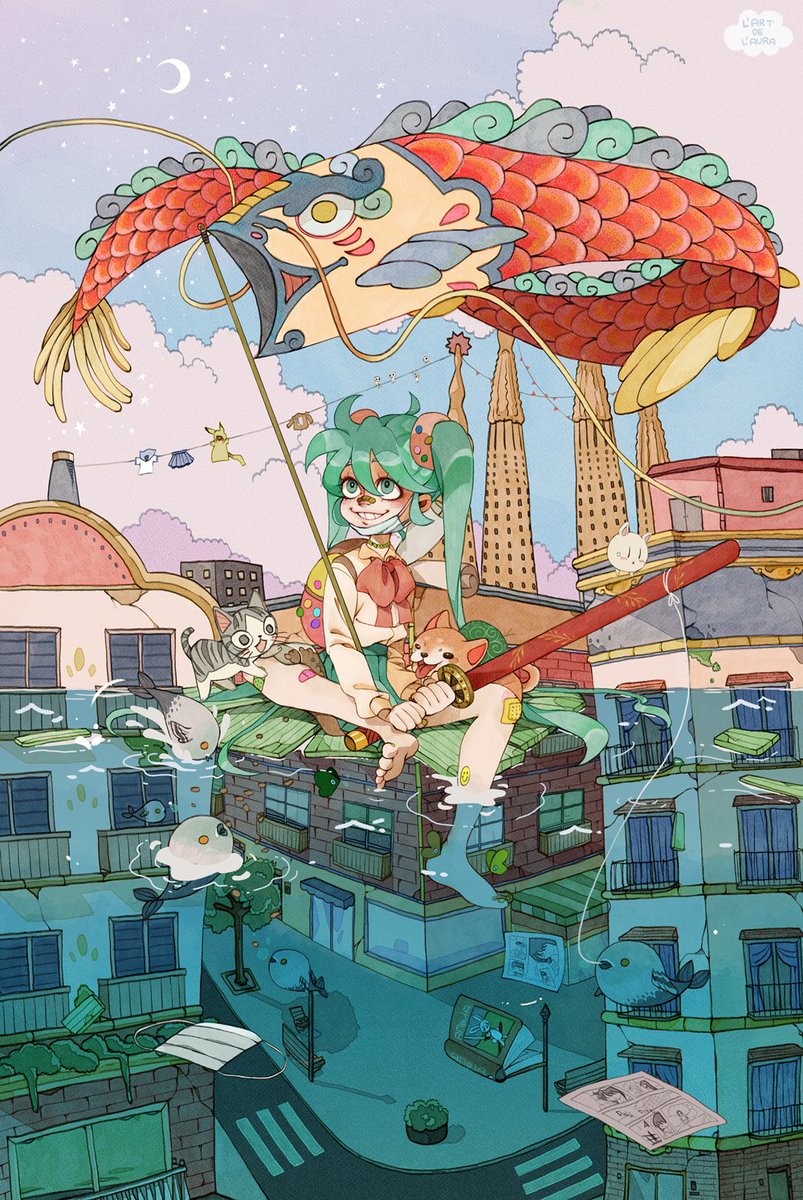aqua_eyes aqua_hair aqua_skirt archived_source artist_name backpack bag bandaid bandaid_on_face bandaid_on_nose barefoot blue_sky book building cat clouds cloudy_sky crack crescent_moon curtains dog draw_this_in_your_style_challenge fish fishing hair_between_eyes highres holding holding_sword holding_weapon l'art_de_l'aura long_hair long_sleeves mask moon mouth_mask original outdoors paper parted_lips pleated_skirt ripples road sagrada_familia shadow sheath sheathed shirt shirt_tucked_in skirt sky smile soaking_feet sticker street sword tree very_long_hair weapon white_mask white_shirt windsock