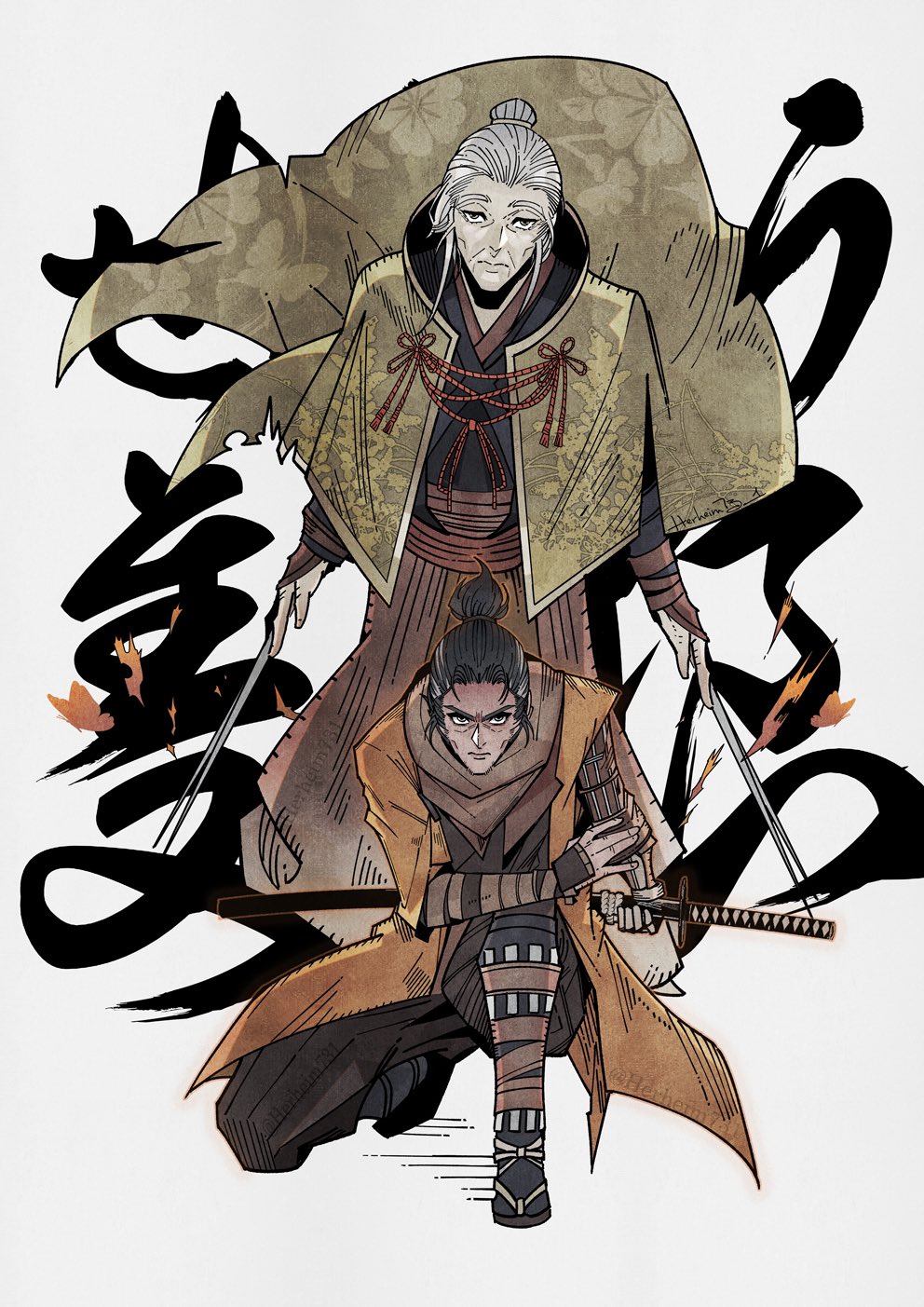 1boy 1girl bandages black_hair black_socks capelet denny626 dual_wielding green_capelet grey_hair hair_bun highres holding holding_sword holding_weapon kunai lady_butterfly old old_woman ponytail prosthesis prosthetic_arm sandals sekiro sekiro:_shadows_die_twice short_hair simple_background single_hair_bun socks sword topknot weapon white_background wrinkled_skin
