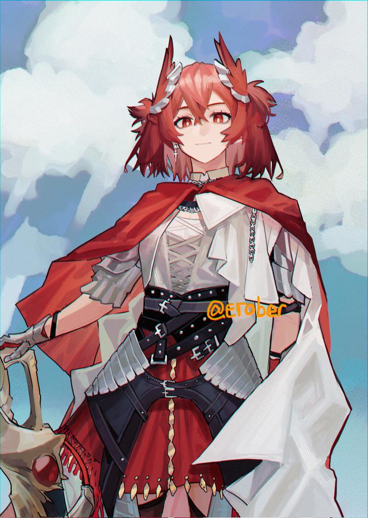 1girl arknights armor armored_skirt belt blue_sky breasts cape capelet chain chinese_commentary closed_mouth clouds cloudy_sky collared_shirt commentary cowboy_shot cross cross-laced_clothes cross_earrings earrings english_commentary erober feather_hair fiammetta_(arknights) fiammetta_(divine_oath)_(arknights) gauntlets greaves hair_between_eyes hand_on_hilt jewelry looking_at_viewer mixed-language_commentary multiple_belts official_alternate_costume planted planted_sword red_cape red_skirt redhead shirt short_hair skirt sky small_breasts smile solo standing sword weapon white_capelet white_shirt wing_collar