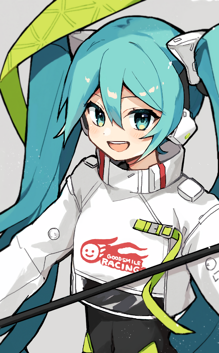 1girl :d aqua_eyes aqua_hair asymmetrical_bodysuit belt black_bodysuit bodysuit clothes_writing commentary_request covered_navel cropped_jacket flag goodsmile_racing green_belt grey_background hair_between_eyes hatsune_miku headphones holding holding_flag jacket light_blush long_hair long_sleeves looking_at_viewer open_mouth racequeen racing_miku racing_miku_(2022) sabako_akikan simple_background smile solo teeth tongue twintails upper_body upper_teeth_only vocaloid white_jacket