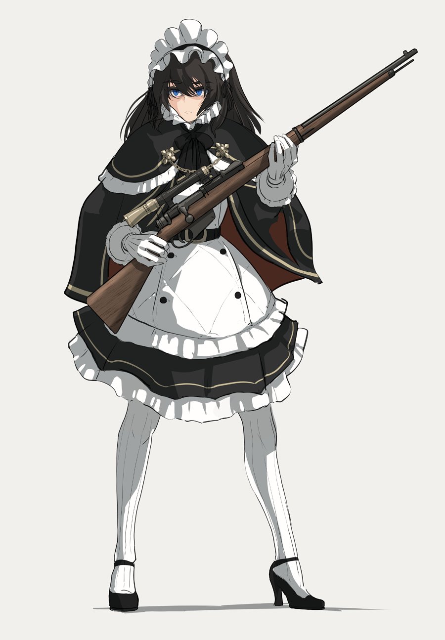 1girl asterisk_kome black_dress black_hair blue_eyes bolt_action capelet collar dress frilled_collar frilled_dress frills gloves grey_background gun heroes_of_order high_heels highres holding holding_gun holding_weapon long_hair maid maid_headdress multicolored_clothes multicolored_dress rifle scope sniper_rifle solo thigh-highs weapon white_dress white_gloves white_thighhighs