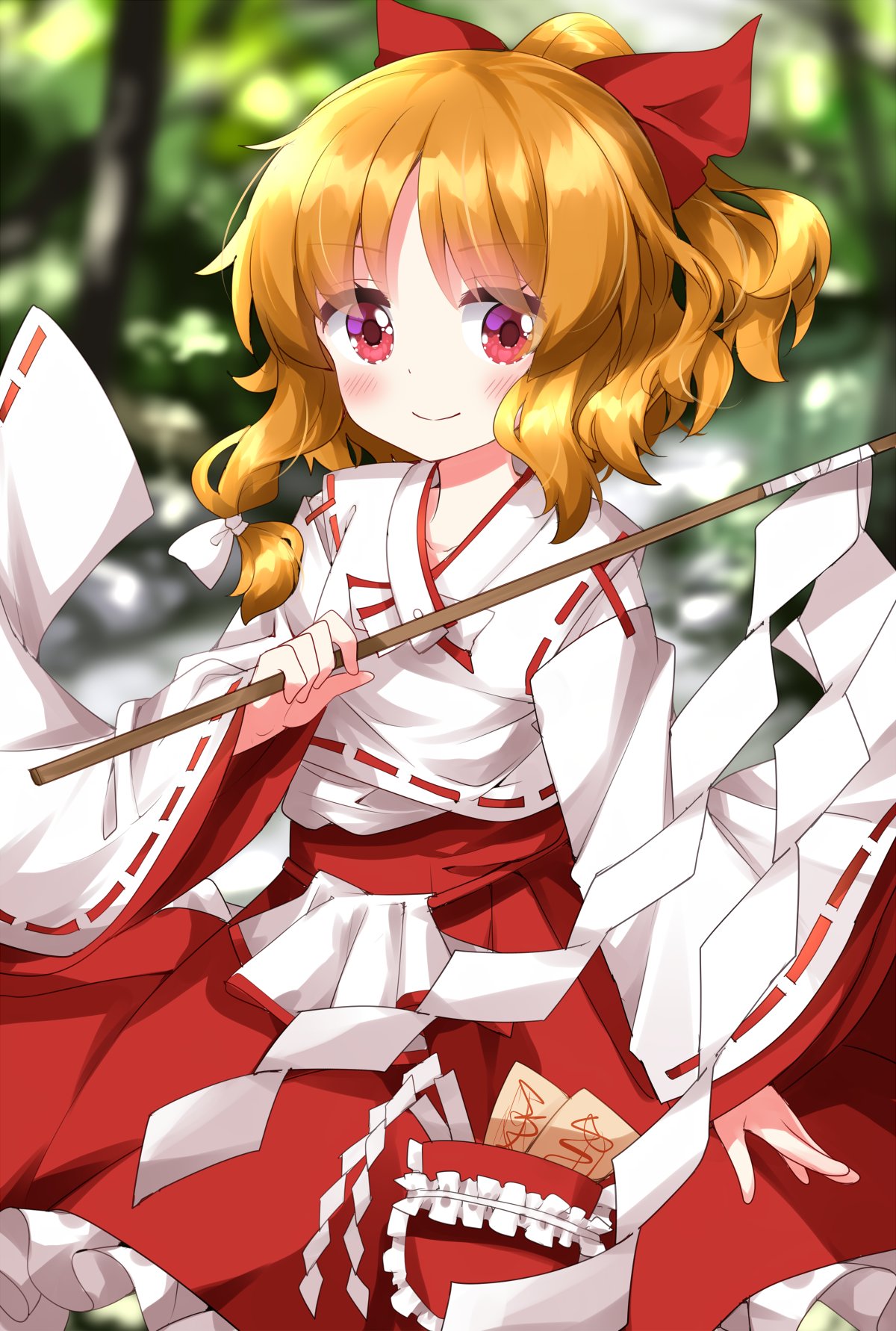 1girl blonde_hair blonde_shrine_maiden_from_a_future_era_(touhou) blush bow breasts cowboy_shot detached_sleeves forest frilled_skirt frills gohei hair_bow hair_ribbon hakama hakama_skirt high_ponytail highres holding holding_gohei japanese_clothes kariginu long_sleeves looking_at_viewer medium_breasts miko nature ofuda pocket portrait_of_exotic_girls red_bow red_eyes red_skirt ribbon ruu_(tksymkw) shirt skirt smile solo talisman touhou white_ribbon white_shirt wide_sleeves