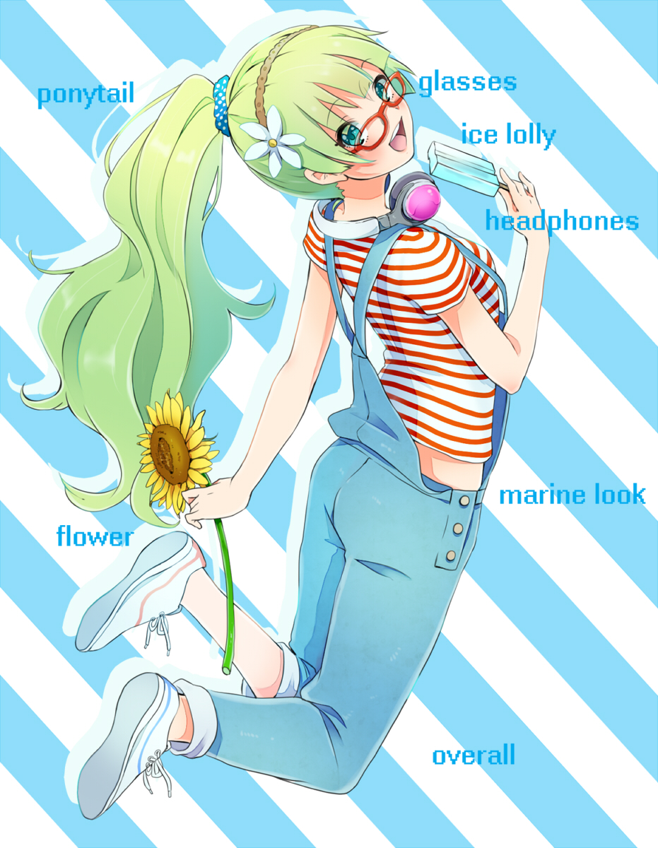 alternate_costume alternate_hairstyle blue_eyes english_text flower food full_body glasses green_hair hair_flower hair_ornament happy headband headphones highres idolmaster idolmaster_million_live! long_hair open_mouth overalls ponytail popsicle shimabara_elena shoes smile solo striped striped_background sunflower witoi_(roa)