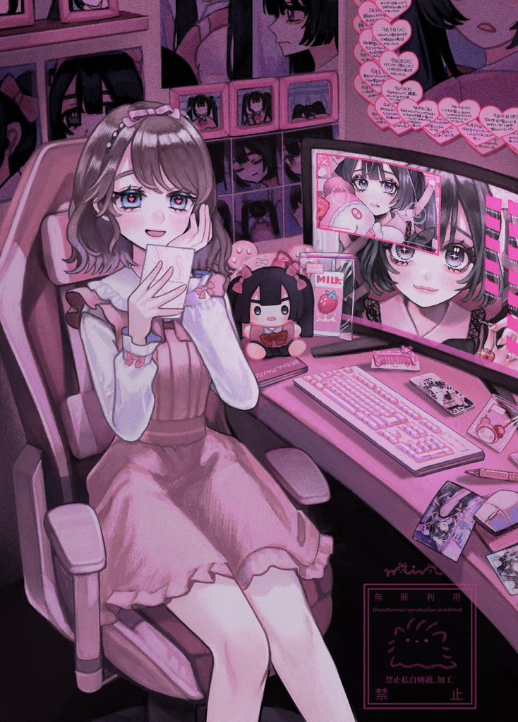 1girl :d aegyo_sal black_hair blue_eyes blush bow brown_hair cellphone chair character_doll closed_mouth collared_shirt comb commentary_request dress feet_out_of_frame folder gaming_chair grey_eyes hair_bow hair_ornament hairband hand_on_own_cheek hand_on_own_face hands_up heart heart_in_eye himeno-chan_(min) implied_yuri indoors jirai_kei keyboard_(computer) long_sleeves min_(mts2314) mouse_(computer) open_mouth original phone photo_(object) picture_frame pink_bow pink_dress pink_lips shirt short_hair sitting smartphone smile solo sparkle stalking sticky_note strawberry_milk stuffed_toy swivel_chair symbol_in_eye table white_shirt ziploc_bag