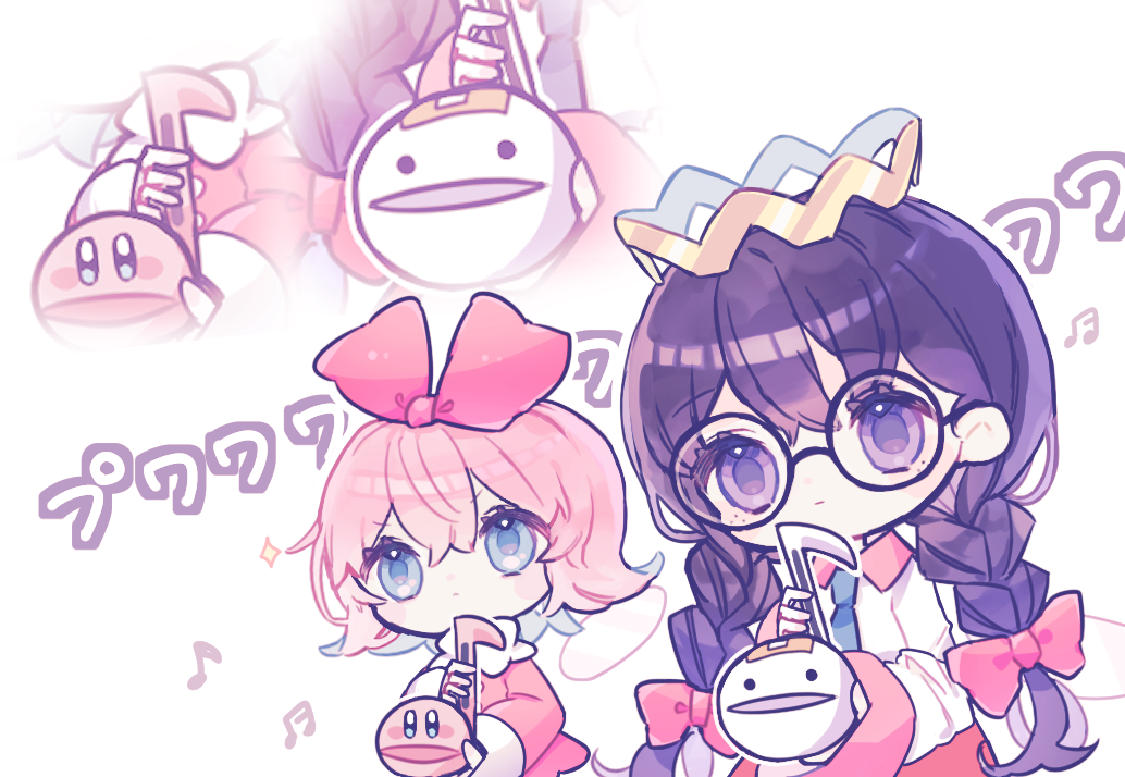2girls bandaid black_hair blue_eyes commentary_request crown fairy fairy_wings hair_ribbon kirby kirby_(series) kirby_64 metro_(metronome40310bis) multiple_girls musical_note otamatone pink_hair ribbon ribbon_(kirby) ripple_star_queen violet_eyes wings zero_two_(kirby) zoom_layer