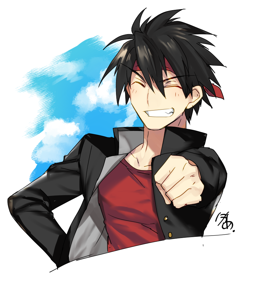 1boy ^_^ black_hair black_jacket blush clenched_hand closed_eyes commentary_request cropped_torso grin hand_on_own_hip happy headband inohara_masato jacket little_busters! long_sleeves nikame open_clothes open_jacket red_headband red_shirt shirt short_hair signature simple_background sketch smile solo spiky_hair v-shaped_eyebrows white_background
