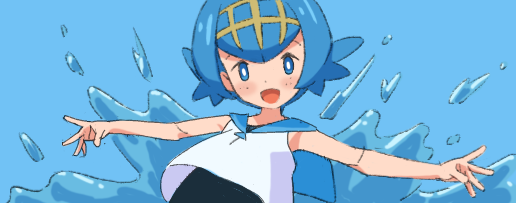 1girl :d blue_background blue_eyes blue_hair blue_sailor_collar blush bright_pupils commentary_request freckles hairband lana_(pokemon) looking_at_viewer no_sclera okimiyage one-piece_swimsuit open_mouth outstretched_arms pokemon pokemon_(game) pokemon_sm sailor_collar shirt short_hair sleeveless sleeveless_shirt smile solo swimsuit swimsuit_under_clothes upper_body water white_pupils white_shirt yellow_hairband