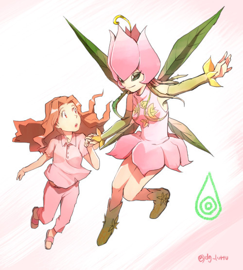 artist_name brown_eyes brown_hair digimon digimon_(creature) digimon_adventure fairy flower flying glitter-nicky green_eyes lilimon long_hair looking_at_another monster_girl open_mouth petals plant_girl smile tachikawa_mimi teeth upper_teeth_only wings