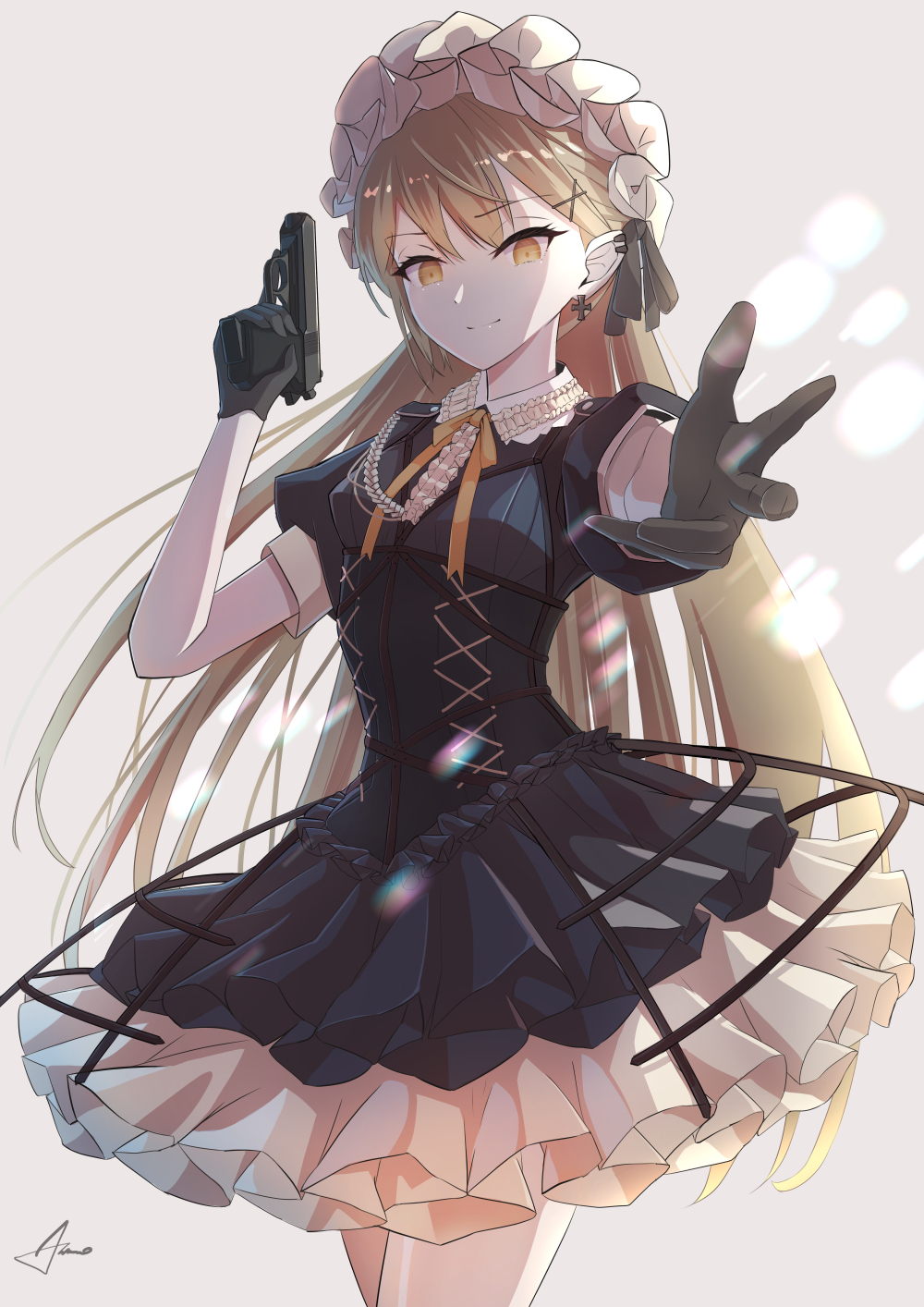 1girl ammo21204760 black_gloves breasts center_frills collar cowboy_shot cross cross_earrings dress earrings frilled_collar frilled_dress frills girls_frontline gloves gun hair_ornament hairclip handgun highres jewelry light_brown_hair long_hair looking_at_viewer orange_eyes ppk_(girls'_frontline) puffy_short_sleeves puffy_sleeves reaching reaching_towards_viewer short_dress short_sleeves small_breasts smile solo trigger_discipline very_long_hair walther walther_ppk weapon