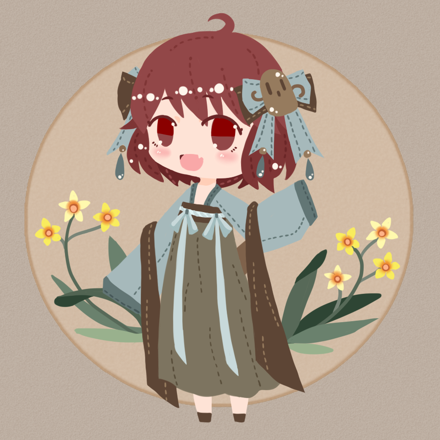 1other ahoge alternate_costume blue_bow blue_sleeves bow brown_background brown_bow brown_footwear brown_robe chinese_clothes circle colored_eyelashes commentary_request fang flower flower_request full_body hagoromo hair_bow hanfu haniwa_hair_ornament katano_sukune kotomine_kokoro len'en light_blush long_sleeves looking_at_viewer multiple_hair_bows one-hour_drawing_challenge open_mouth other_focus red_eyes redhead ribbon-trimmed_bow robe shawl shoes short_hair sleeves_past_fingers sleeves_past_wrists smile solo white_bow wide_sleeves yellow_flower