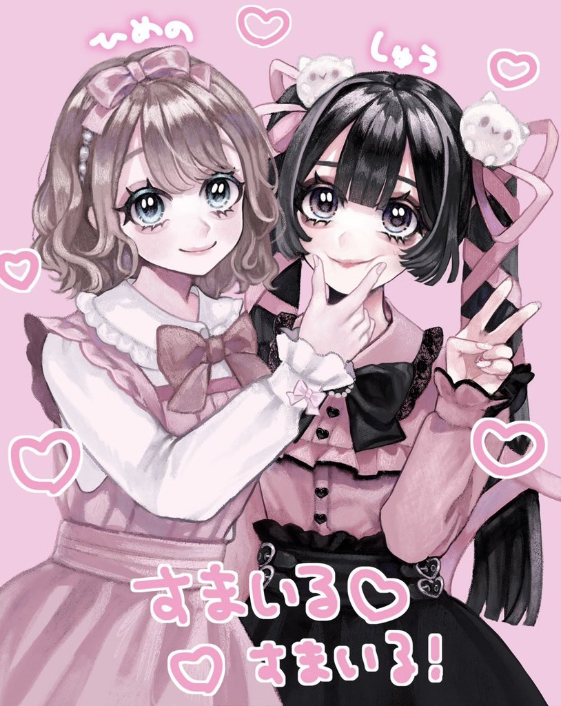 2girls aegyo_sal black_bow black_hair black_skirt blouse blue_eyes blunt_bangs blunt_ends blush bow brown_hair character_name closed_mouth collared_shirt commentary_request dress hair_ornament hair_ribbon hand_on_another's_face hand_up heart himeno-chan_(min) jirai_kei lace_trim long_hair long_sleeves looking_at_viewer min_(mts2314) multiple_girls original pink_background pink_bow pink_dress pink_shirt ribbon shirt short_hair skirt smile squeezing_cheeks syu-chan_(min) translation_request twintails v white_shirt
