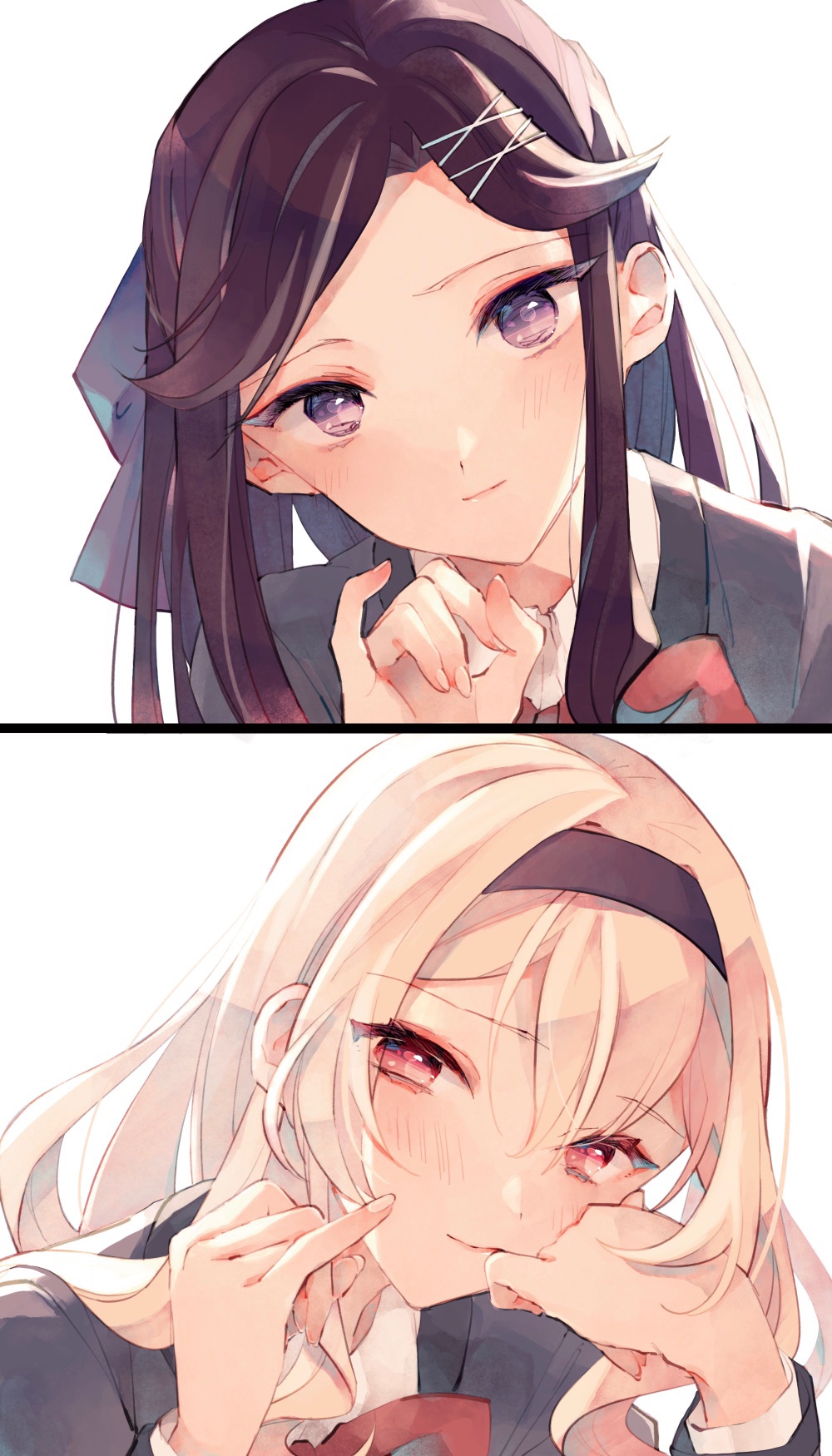 2girls black_hairband blonde_hair blue_bow blush bow bowtie brown_hair closed_mouth collared_shirt fingernails grey_jacket hair_between_eyes hair_bow hairband half_updo hand_on_own_cheek hand_on_own_face hand_up hands_up head_rest head_tilt highres jacket light_smile long_hair long_sleeves looking_at_viewer multiple_girls parted_bangs pinky_out portrait red_bow red_bowtie saijou_claudine school_uniform seishou_music_academy_uniform shirt shoujo_kageki_revue_starlight sidelocks simple_background tendou_maya violet_eyes wato_(ko) white_background white_shirt