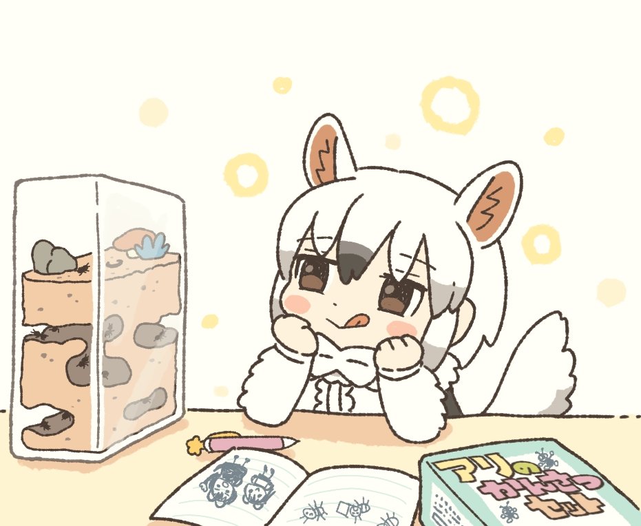1girl :q animal_ears ant anteater_ears anteater_tail antfarm black_hair blush_stickers bow bowtie brown_eyes bug chibi elbow_rest extra_ears grey_hair hands_on_own_cheeks hands_on_own_face head_rest kemono_friends kuro_shiro_(kuro96siro46) licking_lips long_sleeves looking_at_object multicolored_hair southern_tamandua_(kemono_friends) table tail tongue tongue_out white_hair