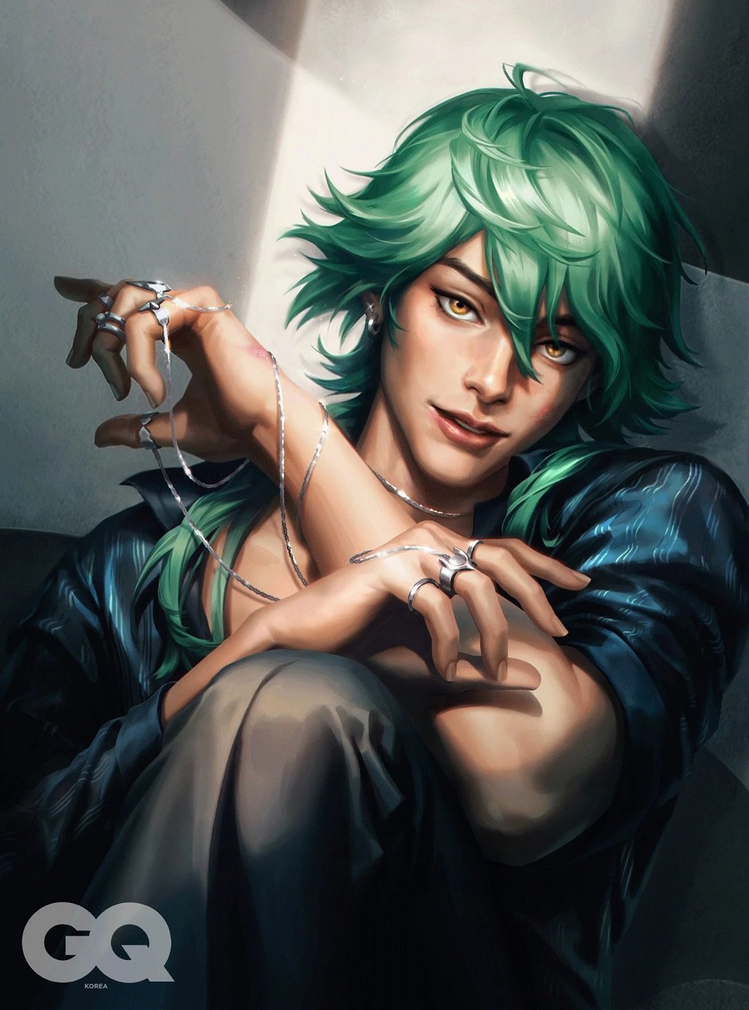 1boy black_pants blue_shirt brown_eyes collared_shirt earrings ezreal gq_(magazine) green_hair heartsteel_(league_of_legends) heartsteel_ezreal highres jewelry league_of_legends long_hair looking_at_viewer male_focus multiple_rings official_art pants parted_lips ring shirt solo third-party_source