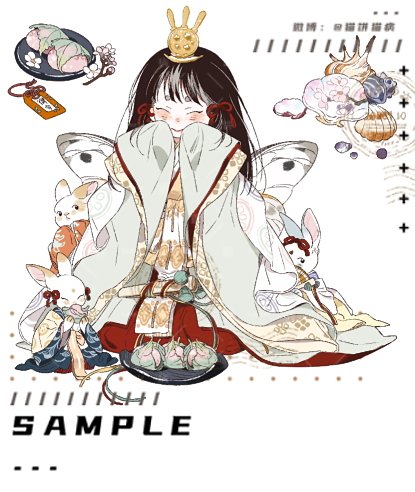 1girl artist_name black_eyes black_hair blue_kimono blush butterfly_wings cherry_blossoms child closed_eyes closed_mouth crown dated eating floral_print flower food food_request full_body green_kimono hair_ribbon holding holding_food japanese_clothes kimono kneeling long_hair lowres maobing_maobing mini_crown orange_kimono original oversized_clothes plate rabbit red_ribbon red_trim ribbon sample_watermark sleeves_past_wrists smile solo stamp_mark straight_hair tabard watermark white_background white_flower white_kimono white_rabbit_(animal) white_tabard white_wings wide_sleeves wings yellow_headwear